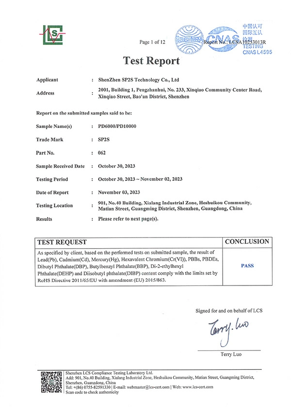 SP2S TEST REPORT PD6000 OR PD10000