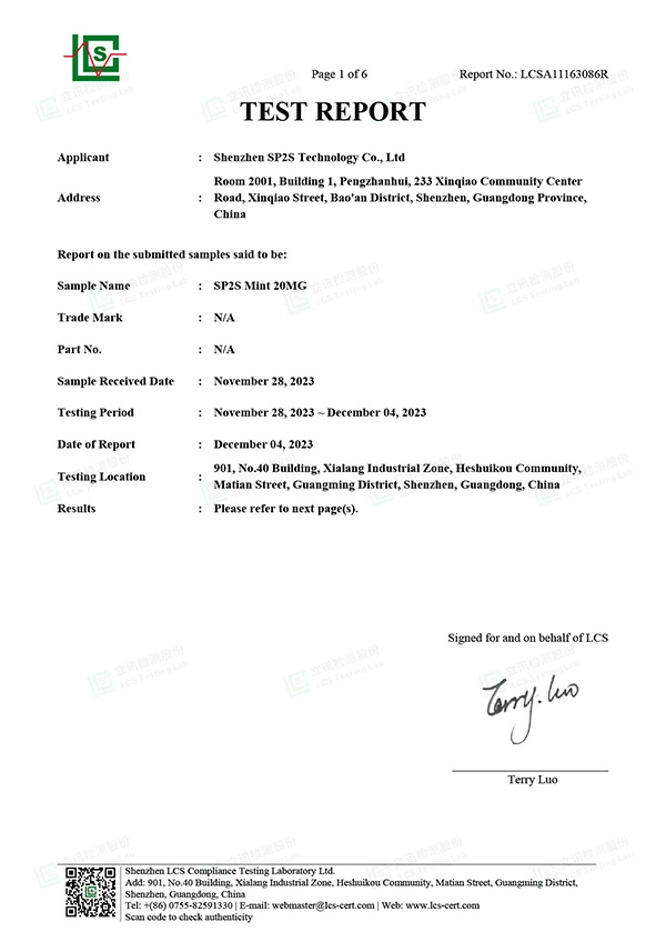 SP2S TEST REPORT SP2S MINT 20MG
