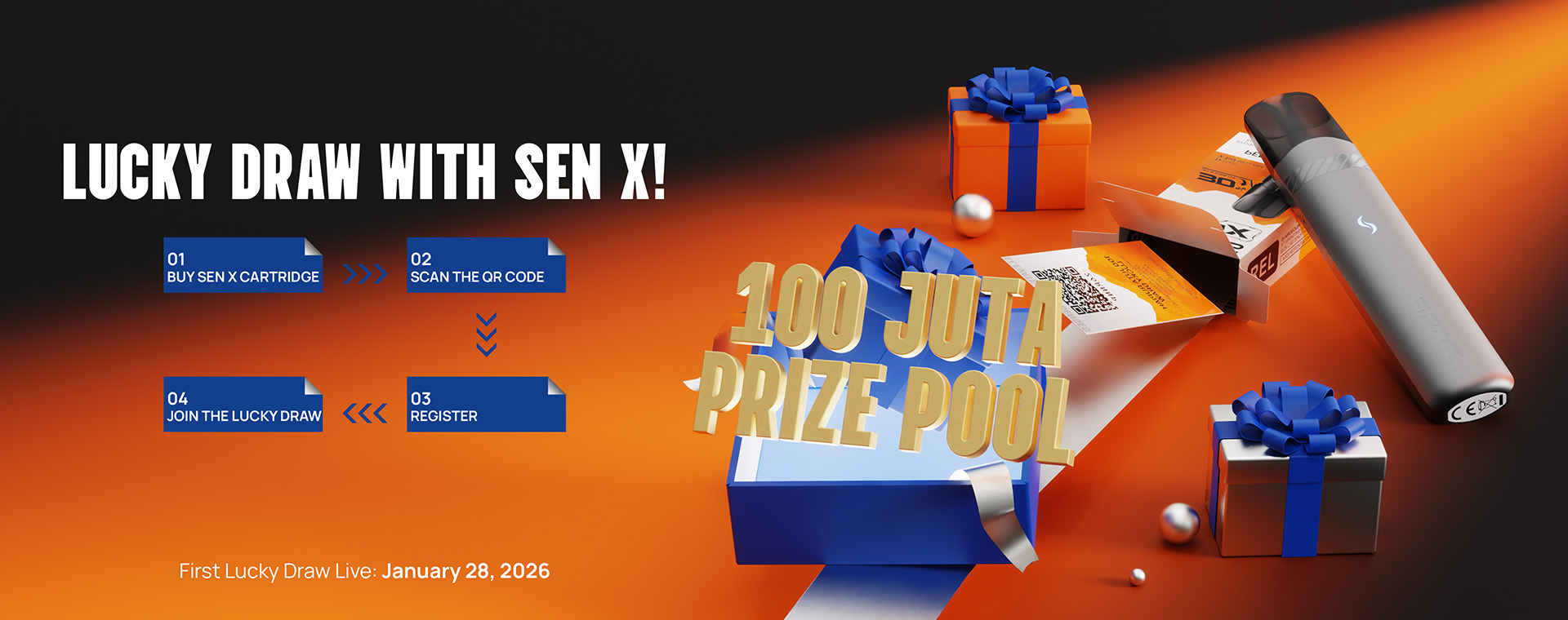 SP2S SEN X Lucky Draw - 100 Juta Prize Pool Promotion SP2S SEN X Lucky Draw promotional banner featuring a 100 Juta prize pool and a 4-step guide to join the lucky draw.